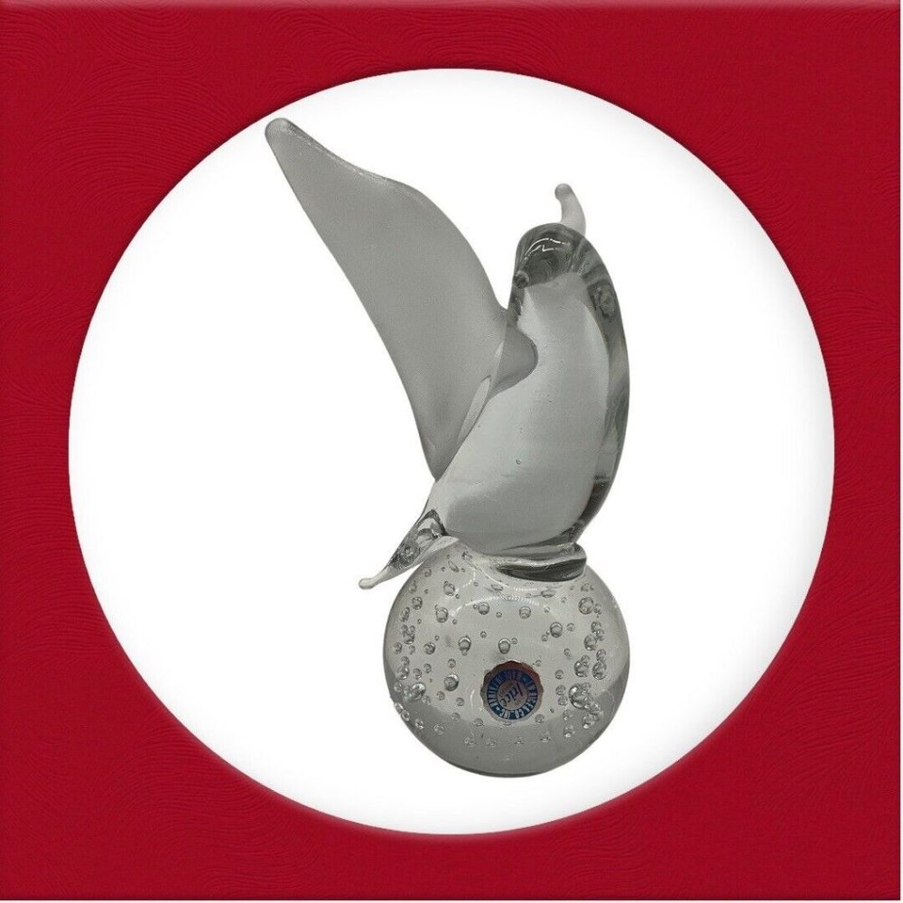 I W Rice and Company Solid Clear Art Glass Dove Paperweight with Frosted Wings